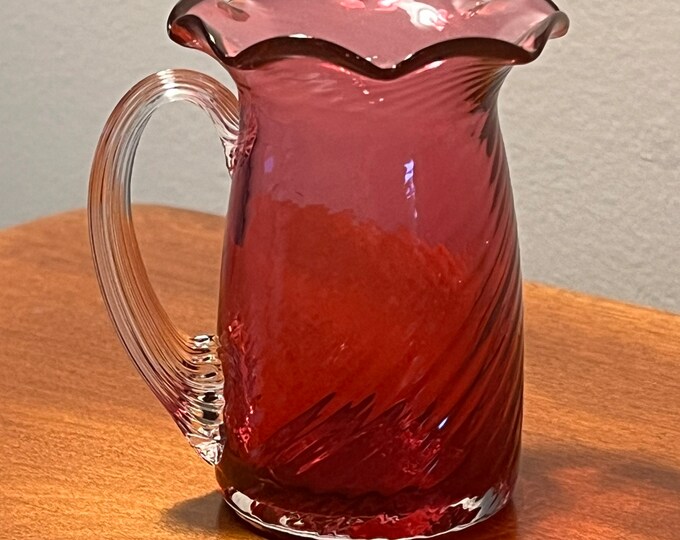 Vintage Fenton Cranberry Pitcher with Ruffled Rim handle Hand Blown with Gold Pink Art Glass Great Gift!