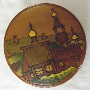 Vintage Russian Wood Trinket Box with Countryside Russian Church House Hand Painted Wooden Decorative Box Lover Antiques Vintage