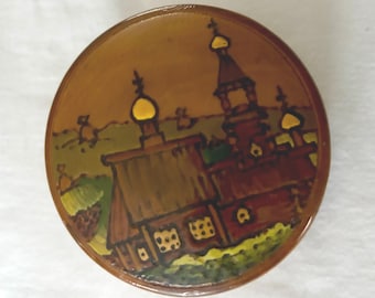 Vintage Russian Wood Trinket Box with Countryside Russian Church House Hand Painted Wooden Decorative Box Lover Antiques Vintage