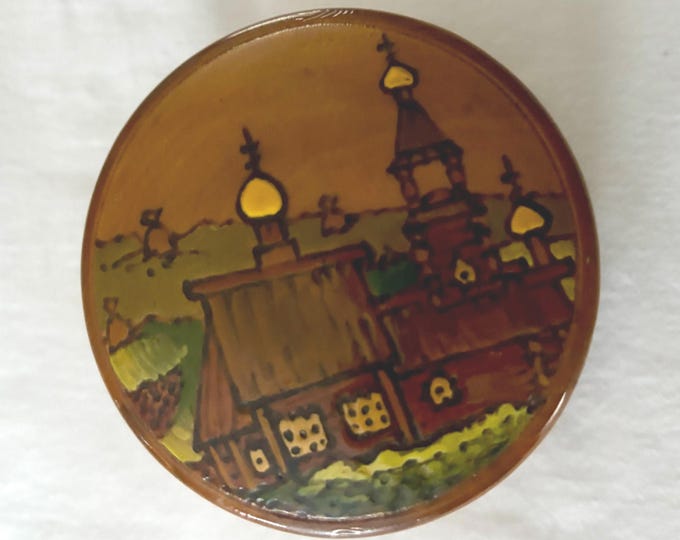 Vintage Russian Wood Trinket Box with Countryside Russian Church House Hand Painted Wooden Decorative Box Lover Antiques Vintage