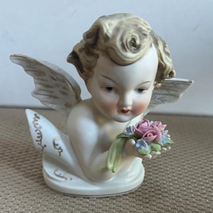 Vintage Lefton Cherub Holding Flowers Hand Painted Porcelain Angel Figurine Japanese Lover Antiques and Vintage
