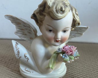 Vintage Lefton Cherub Holding Flowers Hand Painted Porcelain Angel Figurine Japanese Lover Antiques and Vintage
