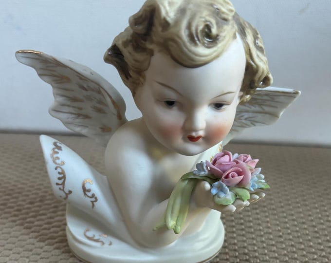 Vintage Lefton Cherub Holding Flowers Hand Painted Porcelain Angel Figurine Japanese Lover Antiques and Vintage
