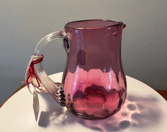 Vintage Pilgrim Cranberry Pitcher with Clear handle Hand Blown with Gold Pink Art Glass Great Gift Collectors Piece