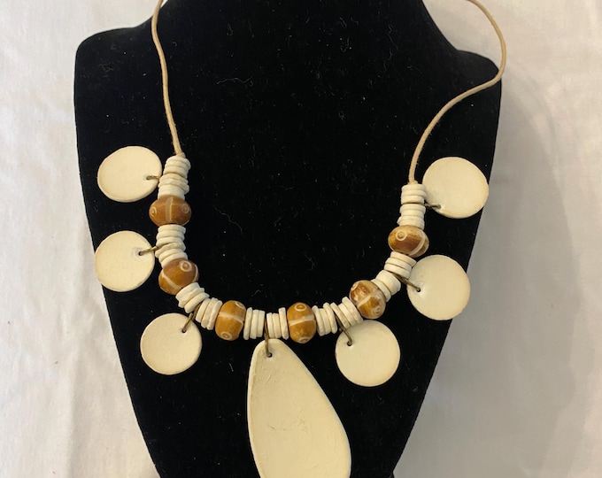 Vintage White African Tribal Style Necklace with Flat Stone Pieces & Beads Unique Gifts Lover Antiques and Vintage