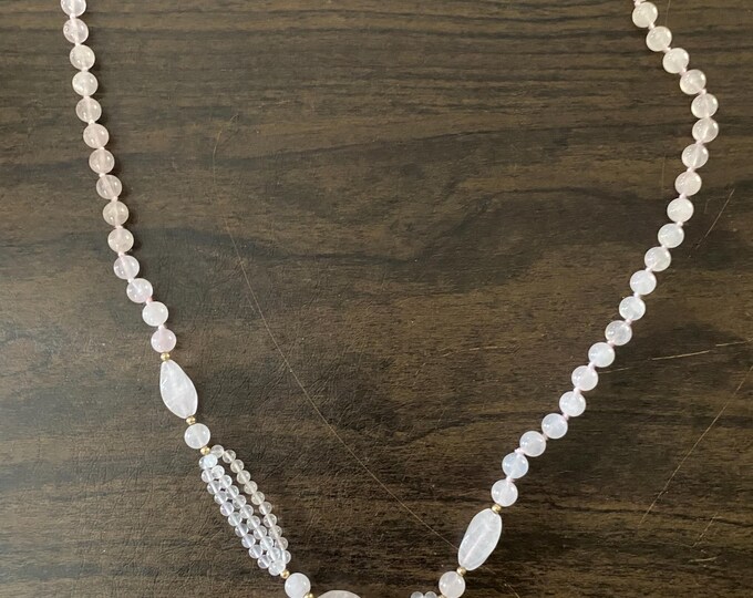 Vintage Light Pink & White Rose Quartz Necklace with Quart Elephant with Trunk Up Unique Gift Opportunity Lover Antiques and Vintage