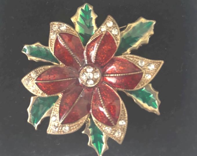 Christmas Poinsettia Monet Brooch, Enamel Colorful Holiday Pin