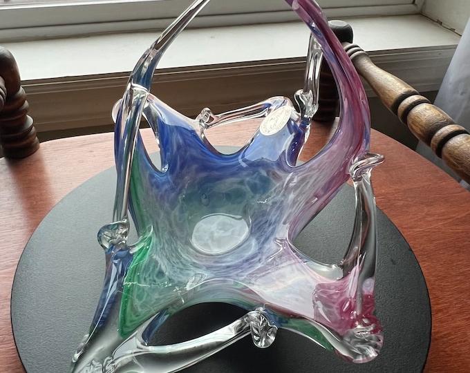 Vintage Murano Glassware Crystal Clear Made in Italy, Lavorazione, Blown Glass Bowl, Murano Large Basket, Blue Pink Green Art Glass