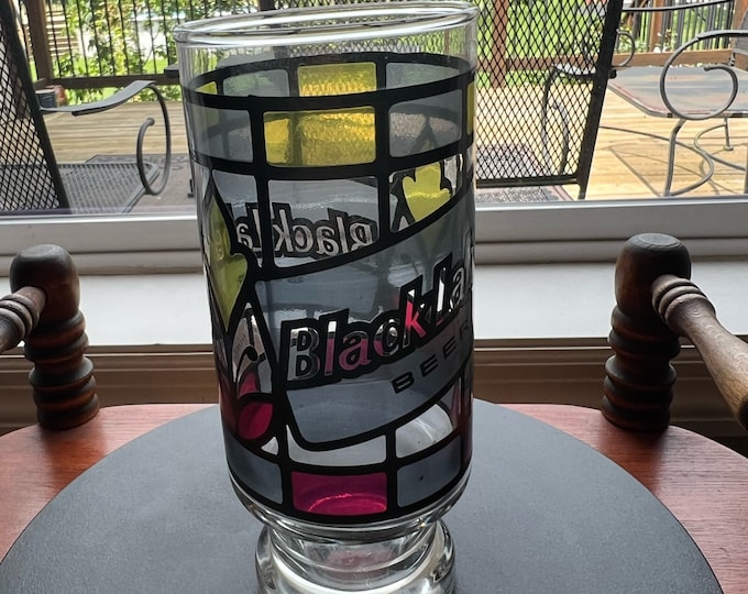 Vintage Black Label Beer Stained Glass Style Cup Glass Art Anchor Hocking Lover Antiques and Vintage