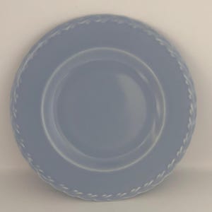 May include: A round, light blue plate with a white, textured, rope-like border. The plate has a smooth, glossy surface and a slightly raised rim. This plate is suitable for serving food.