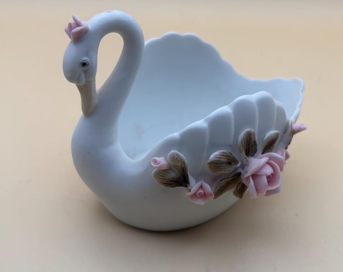Vintage Hand Painted Porcelain Swan with Roses Capodimonte Style Figurines Japanese Lover Antiques and Vintage