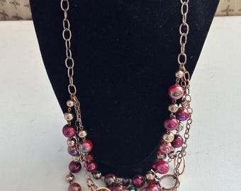 Vintage Chunky Purple Pink Aurora Borealis Necklace, Crystals & Gold Necklace Fringe
