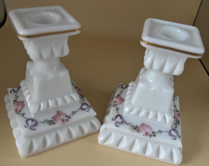 Vintage Westmoreland Hand Painted Charleton Hand Painted Roses Style Matching Milk Glass Candlesticks Lover Antiques and Vintage