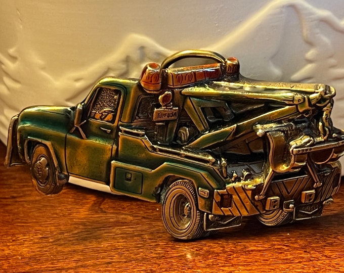 Vintage 1980 Tow Truck Belt Buckle, Green Enameled Tow Truck, by Great American Belt Buckle Co, Chicago, IL, Made in USA, Lover Antiques