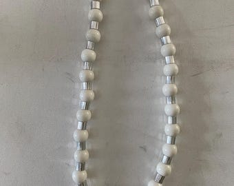 Vintage White Beaded Necklace with Silver Accents