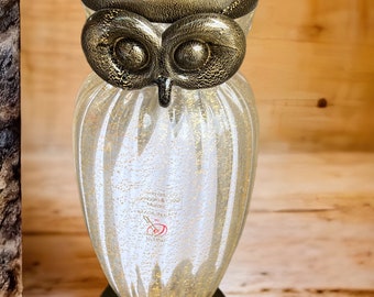 Vintage Murano Art Glass Owl Sculpture: Gambaro & Poggi, Gold Infused