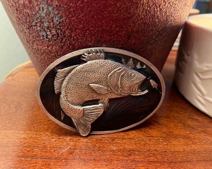 Vintage Fish Belt Buckle by Bergamot Brass Works, X-144 Enameled Green & Silver Fish Belt Buckle, Lover Antiques and Vintage