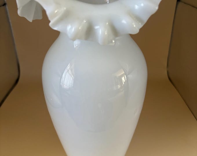 Antique Victorian Bristol Hand Bowl Glass Ruffled White Vase Lover Antiques and Vintage