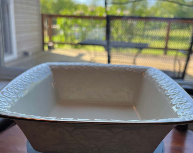 Vintage Lenox Persian Collection Square Centerpiece Bowl Cream Porcelain Basket Weave Design Gold Lining Ceramic Made in USA Lover Antiques
