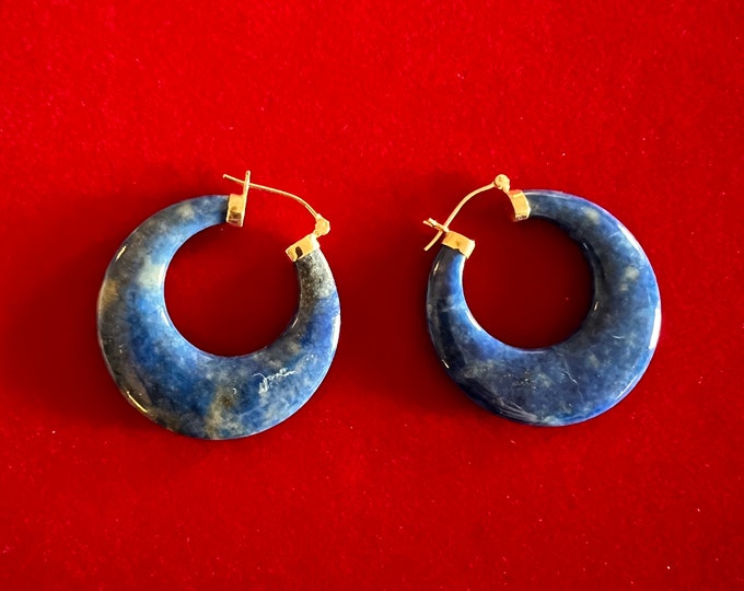 Vintage Lapis Hoop Earrings 14kt Yellow Gold, Hoops Earrings, Blue Hoop Jewelry, Lover Antiques and Vintage