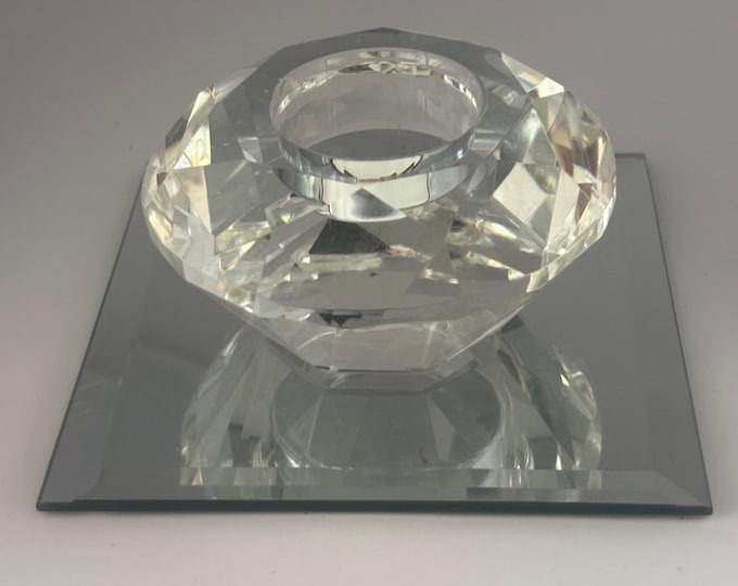 Vintage Crystal Votive Candle Holder, Diamond Cut Clear Glass, Lover Antiques and Vintage