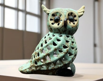 May include: A teal blue ceramic owl figurine with a cut-out design. The owl has large black eyes and a detailed beak.