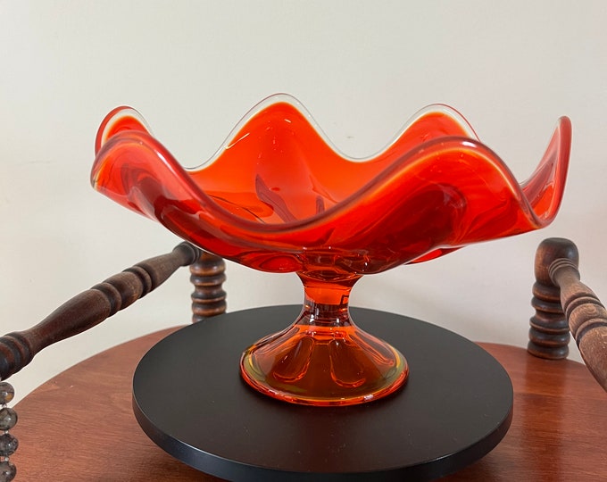 Vintage Viking Persimmon 6 Petal Compote Vase Bowl Pedestal Dish Amberina Glass Footed Vase Lover Antiques and Vintage