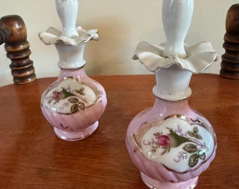 Antique Victorian Pair of Hand Painted Porcelain Bottles with Stopper Ruffled Top Gold Gilding Lover Antiques and Vintage
