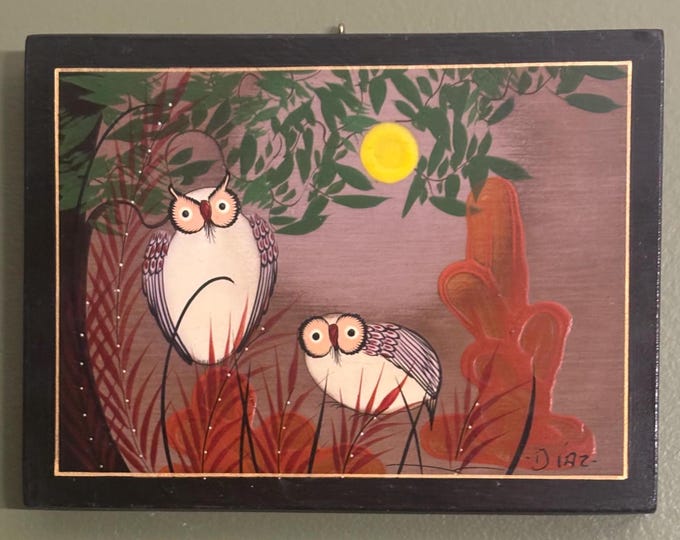 Hand Painted Mexican Wooden Owl Wall Plaque, Signed DIAZ, Lover Antiques and Vintage