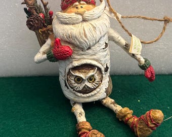 Vintage Santa Claus with Owl Hanging Ornament Figurine Christmas Ornaments Old St. Nicholas St. Nick Vintage Art Dangling Legs