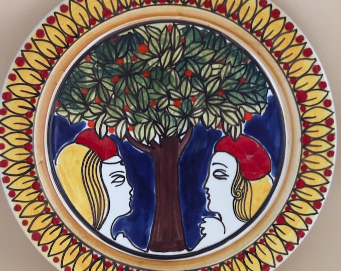Vintage LEMANI Adam and Eve Pottery Plate Tonal Hand Painted Mexican Folk Art Lover Antiques Vintage