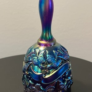 Vintage Fenton Iridescent Carnival Glass Bell: Love Birds & Ribbons