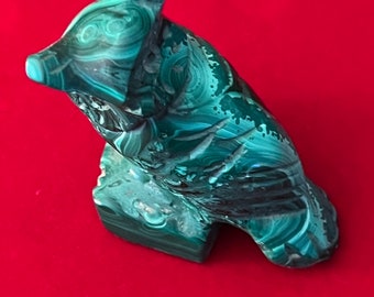 Vintage Carved Malachite Owl Figurine on Pedestal Base