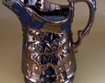 Antique Stafforshire Hand Painted Copper Lustreware Pitcher Circa 1880’s Dancing Couple Lover Antiques and Vintage
