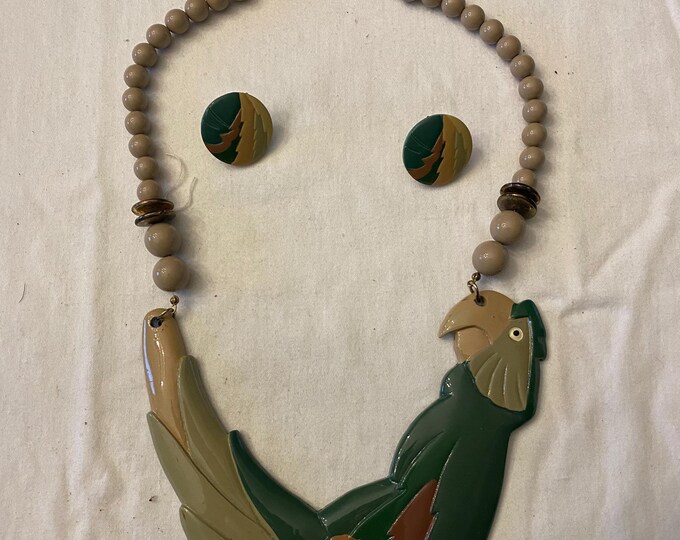 Vintage Parrot Figural BIB & Beaded Statement Resin Necklace and Matching Earrings Jewelry Unique Gifts Lover Antiques and Vintage