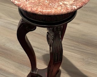 Antique Rosewood Table with Marble Top, Tall Accent Plant Stand, Lover Antiques and Vintage