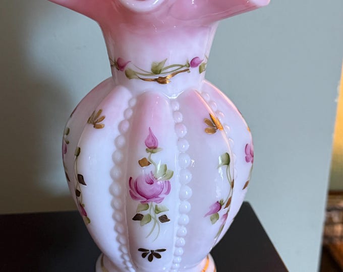 Fenton Rosalene Beaded Melon Vase, Charleton Rose Collection, Hand Painted By Linda Everson