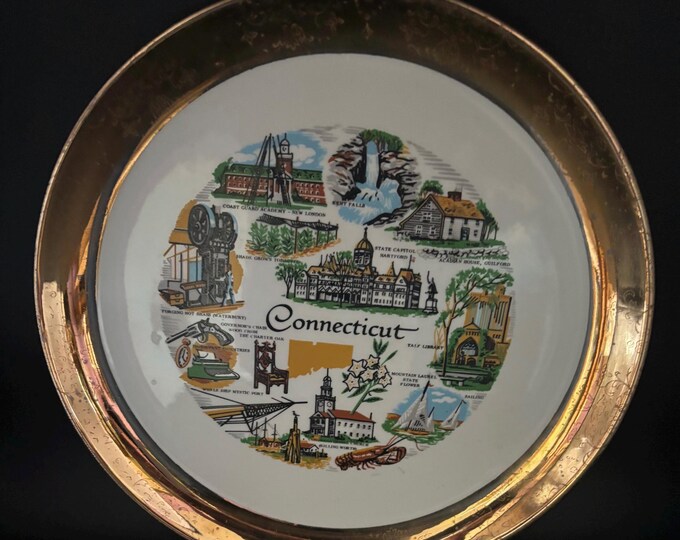 Vintage Connecticut Commemorative Plate with Gold Edge Etching Souvenir Collectors Plate Lover Antiques and Vintage