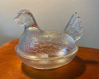 Vintage Glass Rooster On Nest Covered Dish Nesting Chicken Clear with Lid, Lover Antiques and Vintage