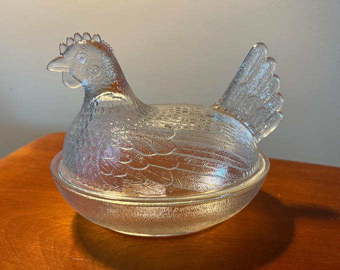 Vintage Glass Rooster On Nest Covered Dish Nesting Chicken Clear with Lid, Lover Antiques and Vintage