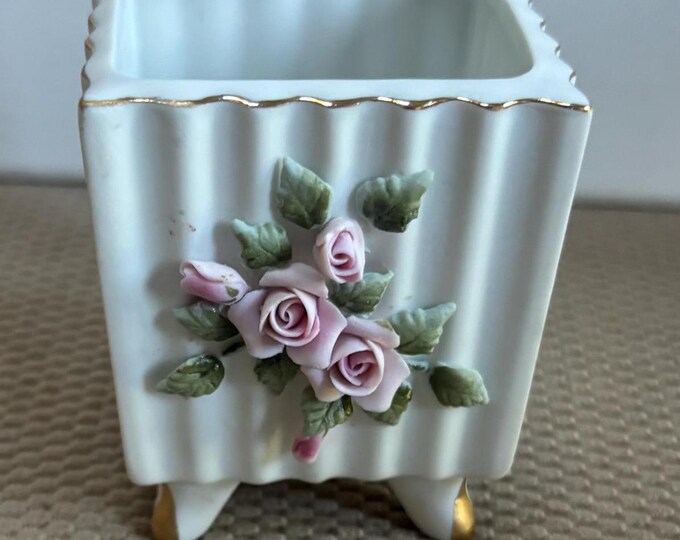 Vintage Lefton Rose Adorned Small Square Footed Trinket Box Hand Painted Porcelain Figurines Japanese Lover Antiques and Vintage