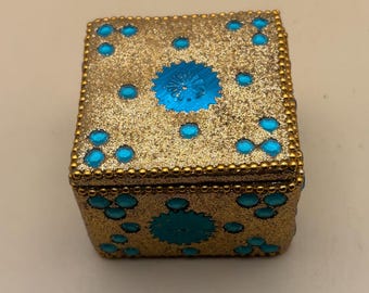 Vintage Trinket Box Gold and Blue Small Decorative Beaded Collectible Container Lover Antiques and Vintage