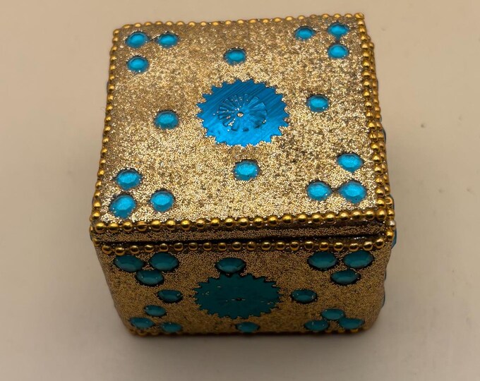 Vintage Trinket Box Gold and Blue Small Decorative Beaded Collectible Container Lover Antiques and Vintage