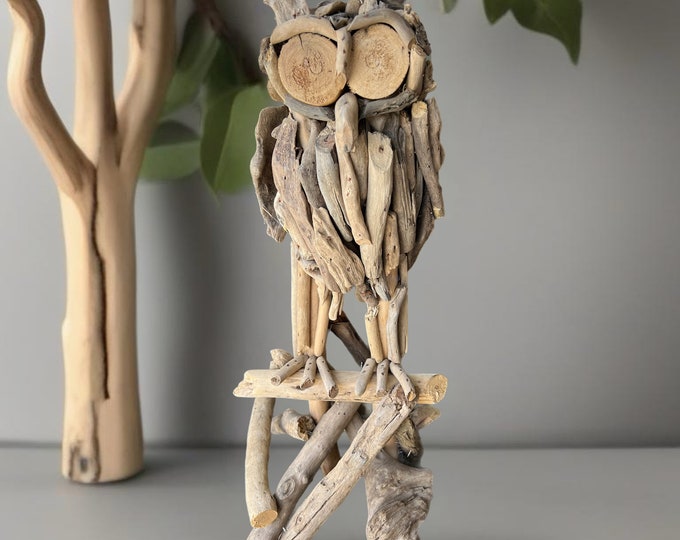 Vintage Handmade Driftwood Owl Sculpture, Wood Owl Statue, One of a Kind Owl, Lover Antiques and Vintage