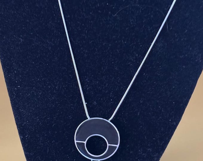 Vintage Geometric Enamel Pendant on Silver Chain with Black Stones, Circular Jewelry