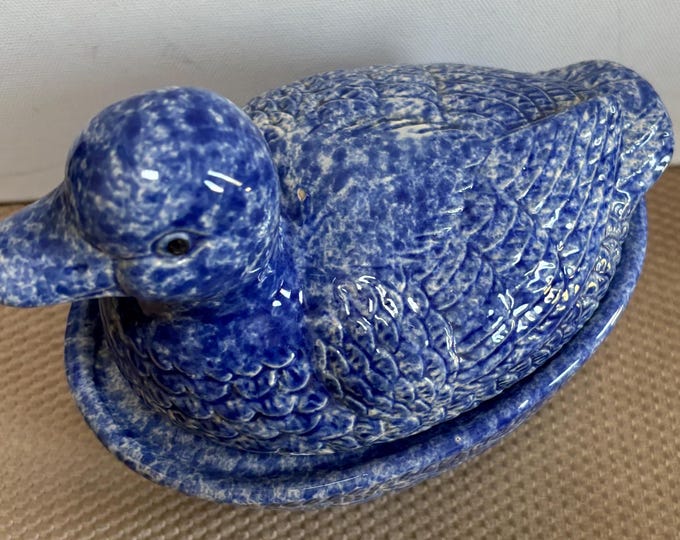 Vintage Spongeware Blue Ceramic Duck on Nest Duck Nesting on Basket Dish Lover Antiques and Vintage