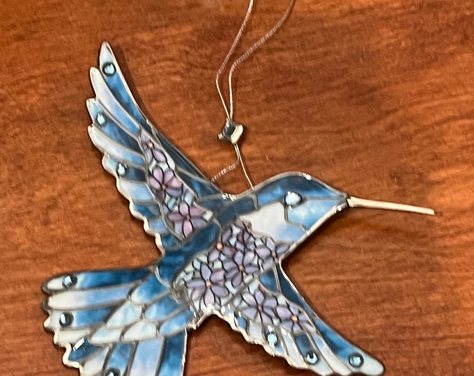 Vintage Blue Hummingbird Stained Glass Art Sun Catcher pink bird ornament Bradford Exchange Garden Jewels Ornament Bird