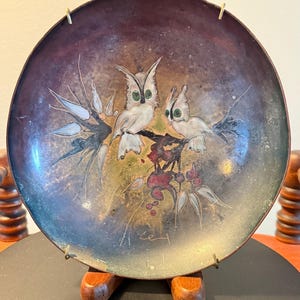 Vintage Hand Painted Copper Owl Wall Art - Signed Decorative Hanging