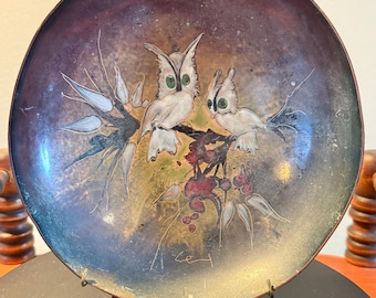 Vintage Hand Painted Copper Owl Wall Art - Signed Decorative Hanging