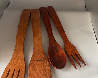 Genuine Ozark Grown Line, Brown Harvest Oak Native Wood Carved Utensils, Set of 4